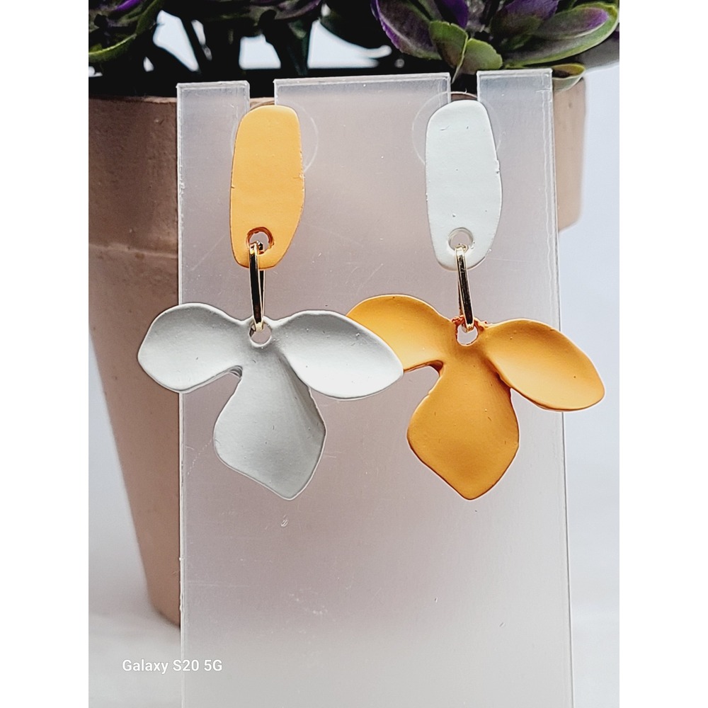 Mismatched Orange White Floral Polymer Clay Drop Earrings Matte Flower Dangle